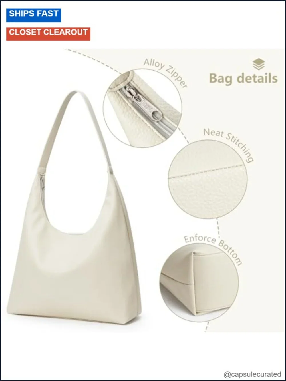 Slouchy Tote Bag 18L Vegan Leather Crescent Hobo Zipper Shoulder Purse